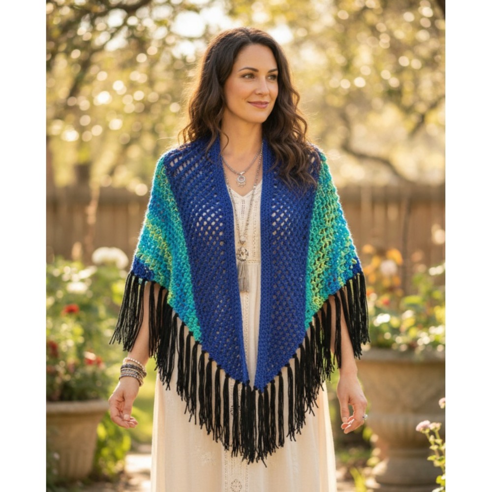 NEW Green Blue Hand Knit Shawl Wrap Scarf Boho Hippie Festival Whimsy Indie Art